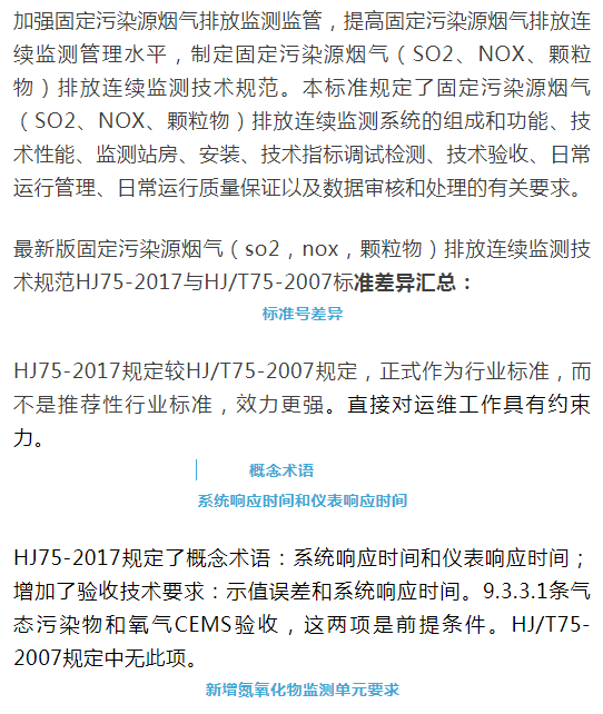 烟气（so2，nox，颗粒物）排放连续监测技术规范 HJ75-2017与HJ/T75-2007标准究竟有何不同
